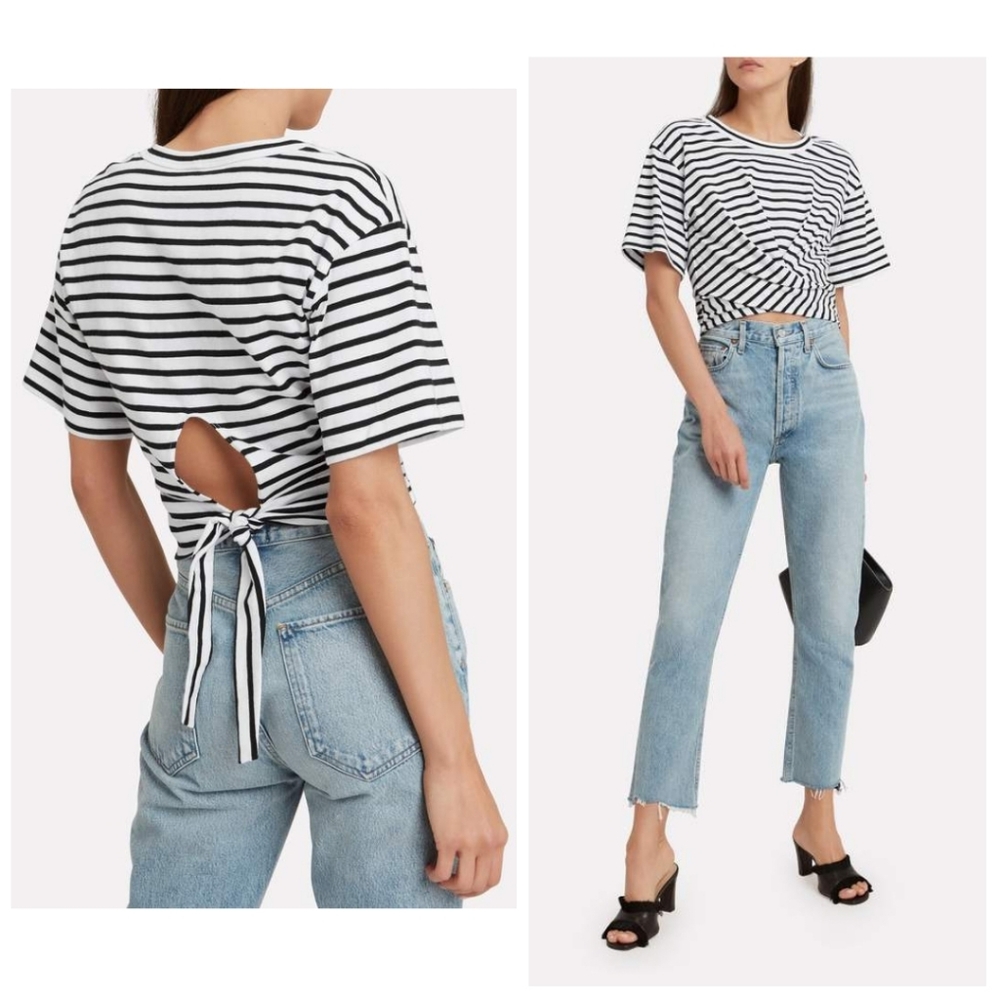 A.L.C. Jules Striped Cotton Twist Front Tie Back Crop Tee Top XS Boho Festival